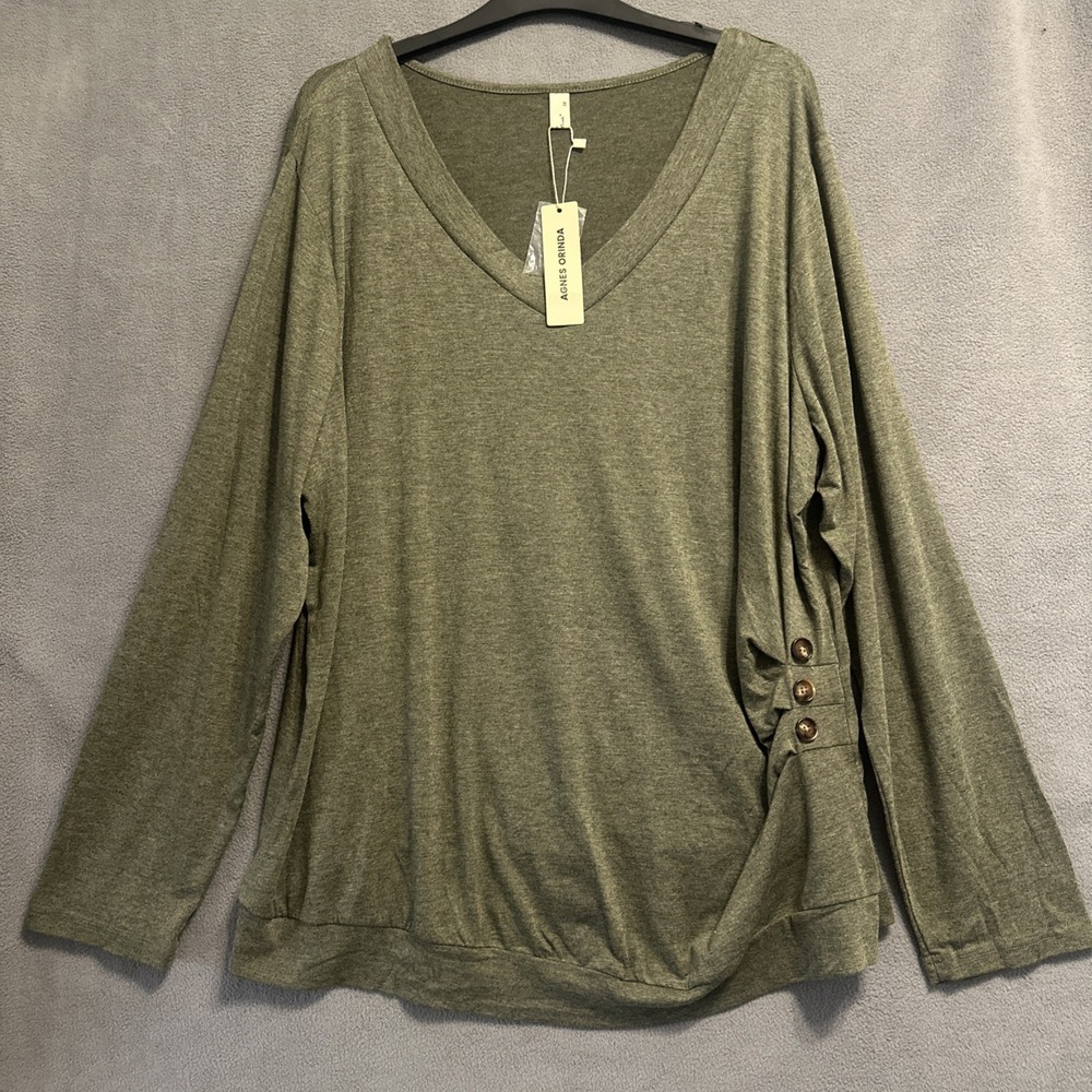 NWT Agnes Orinda Women's Top‎ Long Sleeve Plus Size 3X Olive Green Casual Ruched
